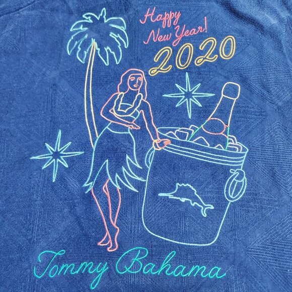 Tommy Bahama Mens XL Blue Silk Hawaiian Shirt "Happy New Year 2020" Graphic - Picture 4 of 10